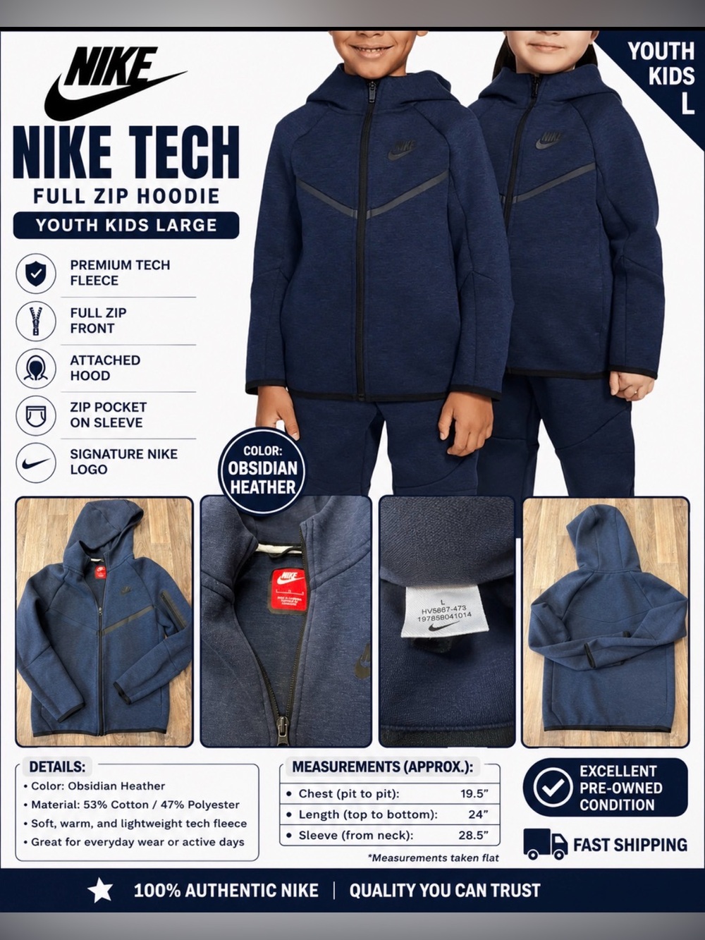 Nike Sportswear Tech Fleece Full Zip Hoodie – Youth Kids Large (L)
